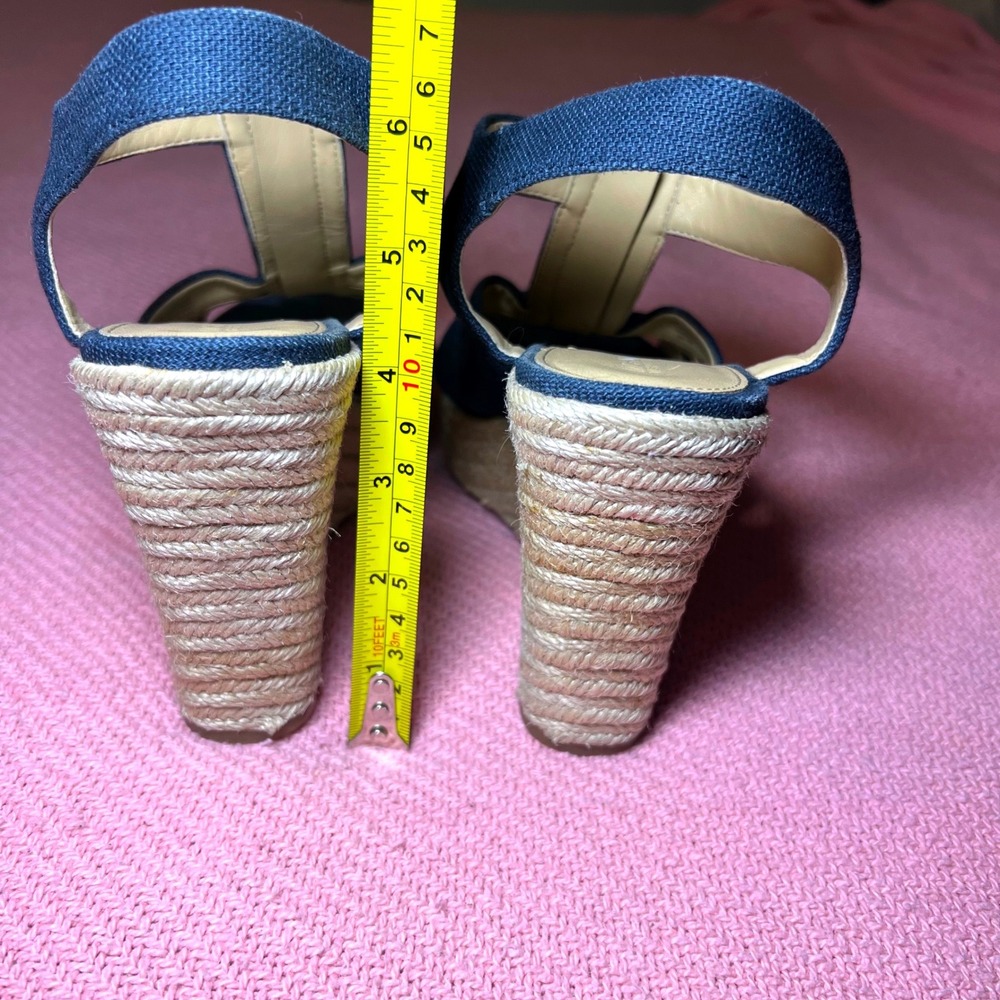 Michael Kors Berkley Navy Blue Canvas Espadrille Wedge Sandals Gold Zip 9M - Picture 3 of 9